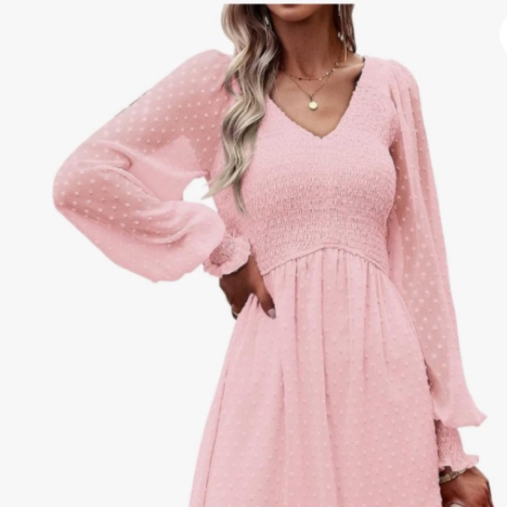 Long Sleeve V Neck Swiss Dot Empire Waist Chiffon Dress